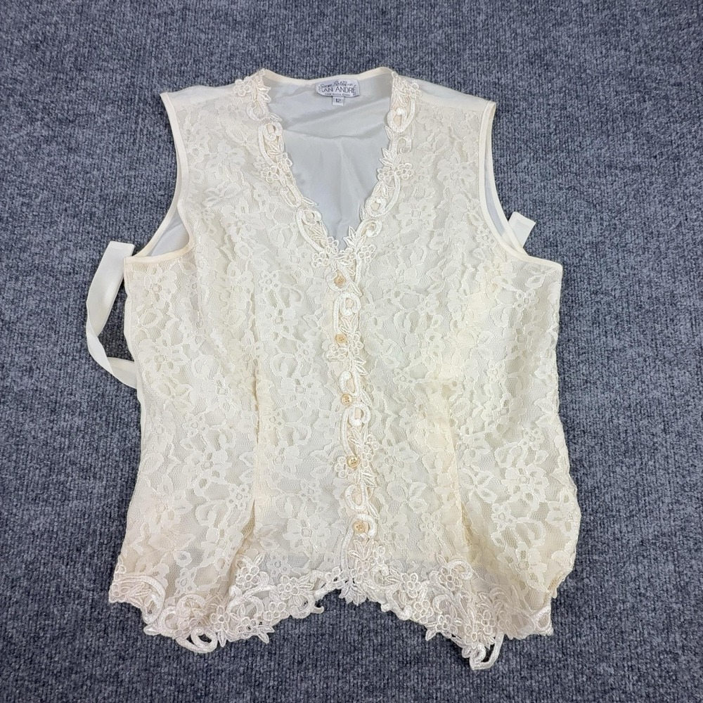 Vintage San Andre Blouse Womens 12 White Lace Button Front Sleeveless Formal